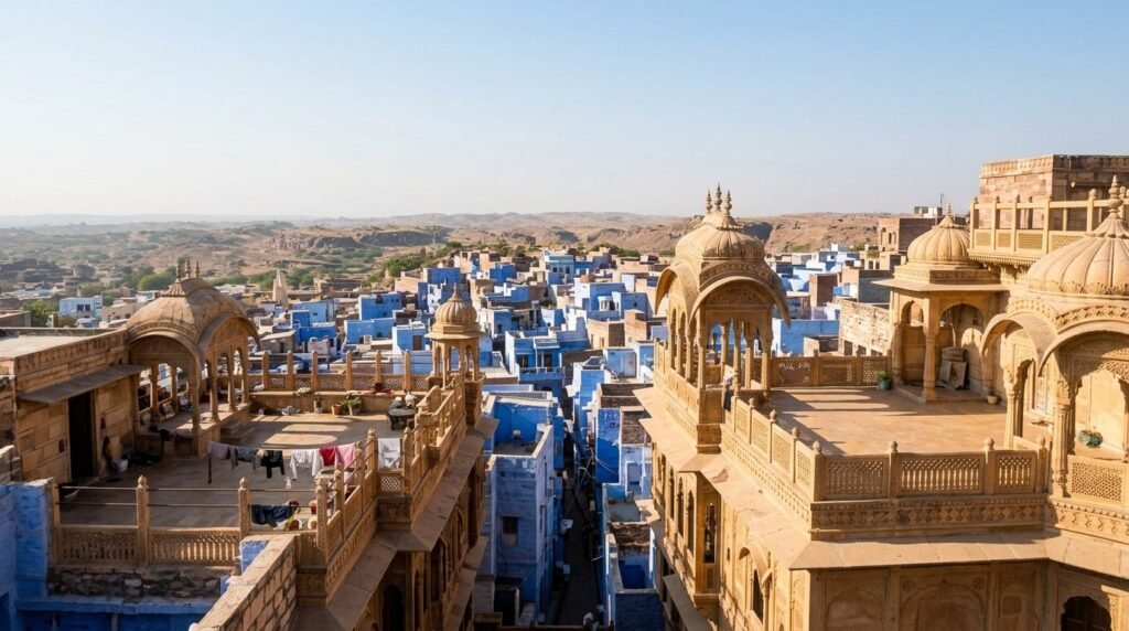 A striking heritage scene of warm sandstone architecture above a dense blue-wash