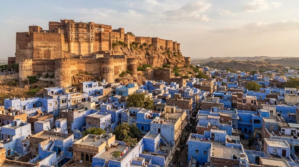 A striking heritage scene of warm sandstone architecture above a dense blue-wash