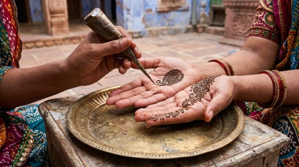 A henna cone drawing a fine paisley design on open palms held over a plate