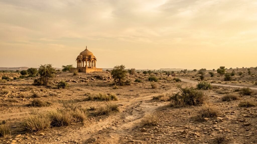 A day-trip landscape across {land} with a small landmark in view