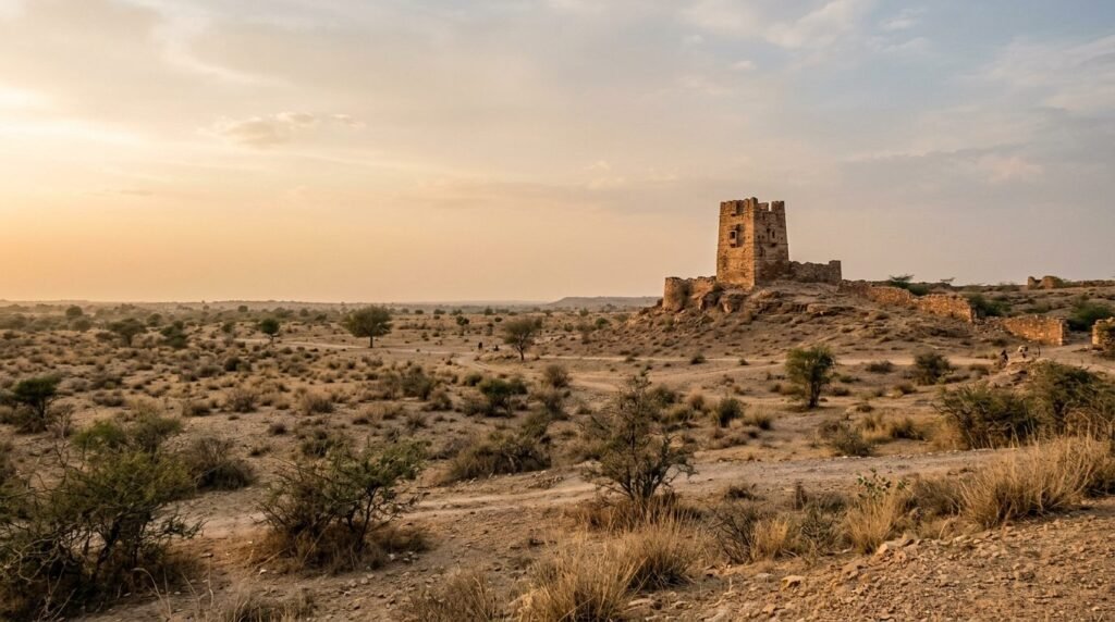 A day-trip landscape across {land} with a small landmark in view