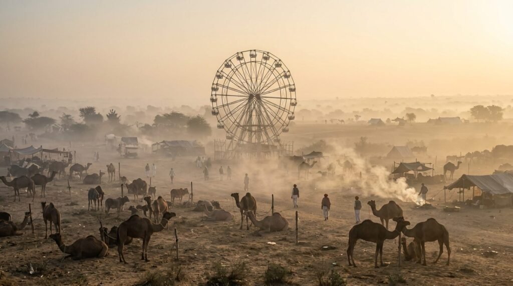 tethered livestock and wood smoke