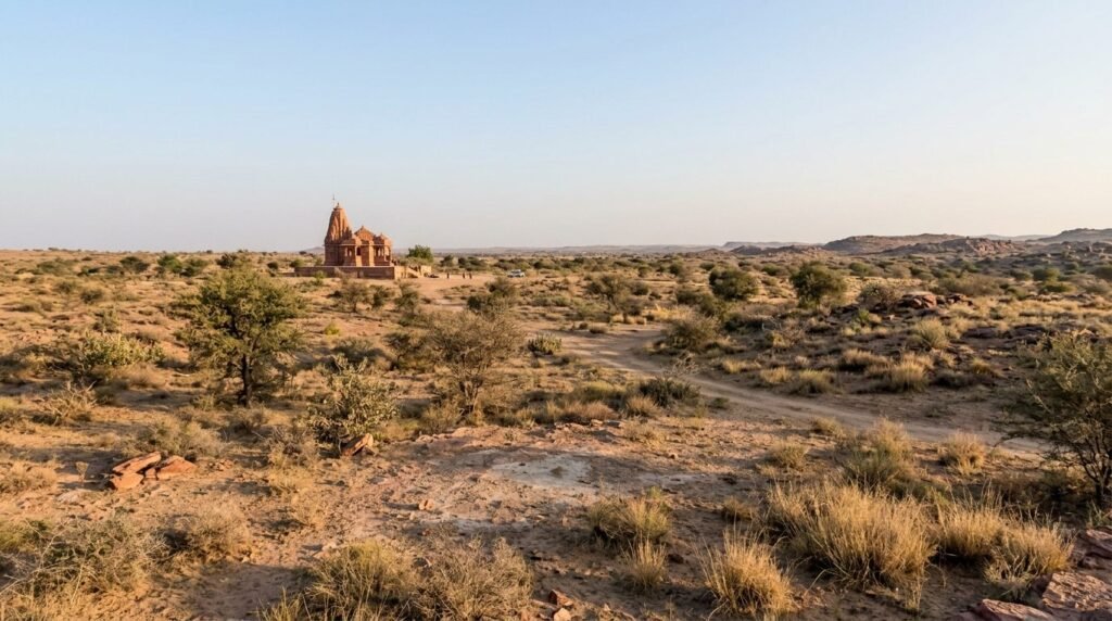A day-trip landscape across {land} with a small landmark in view