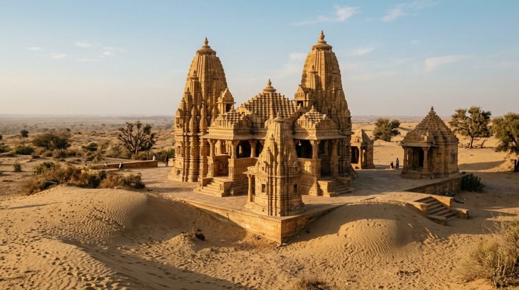 An ancient desert temple with carved shikhara spires rising from sand