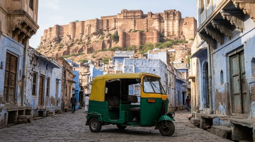 A transport scene: local travel through above a dense blue-washed old city with