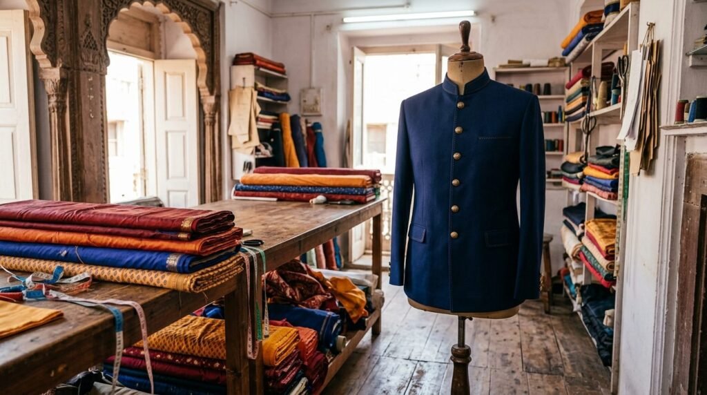 A tailored bandhgala jacket on a mannequin with fabric bolts and measuring tape