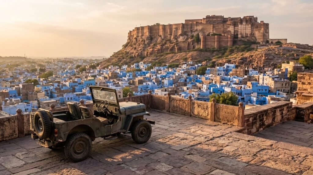 A transport scene: local travel through above a dense blue-washed old city with