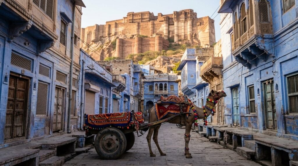 A transport scene: local travel through above a dense blue-washed old city with