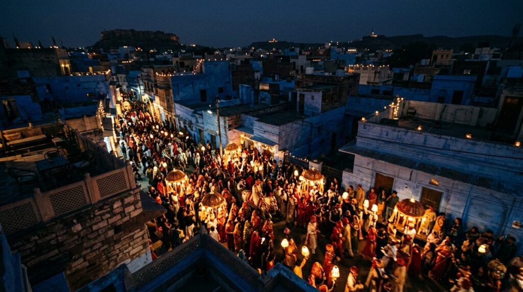 A wedding procession at night seen from a distance as warm blurred lights moving