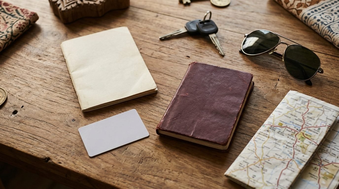 An IDP booklet beside a home licence and passport