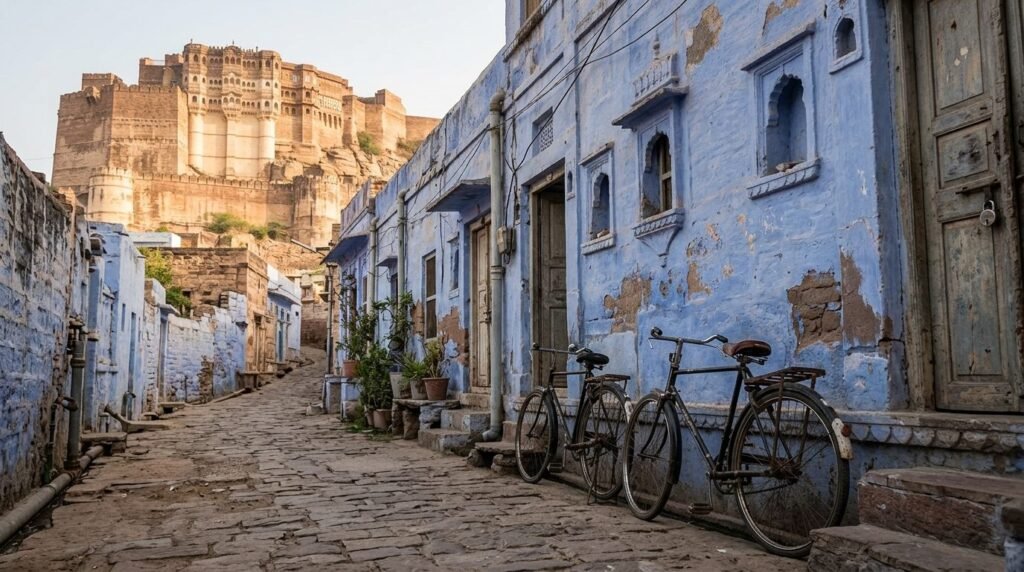 A transport scene: local travel through above a dense blue-washed old city with