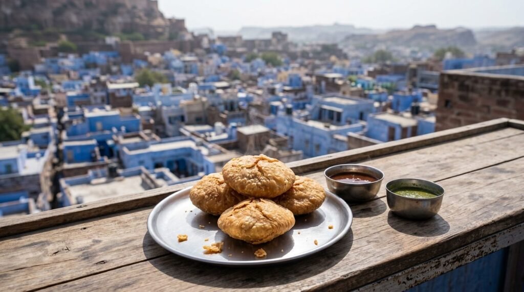 Golden fried kachoris stacked on a steel plate with red chutney and steam rising