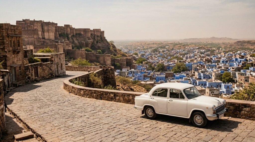 A transport scene: local travel through above a dense blue-washed old city with
