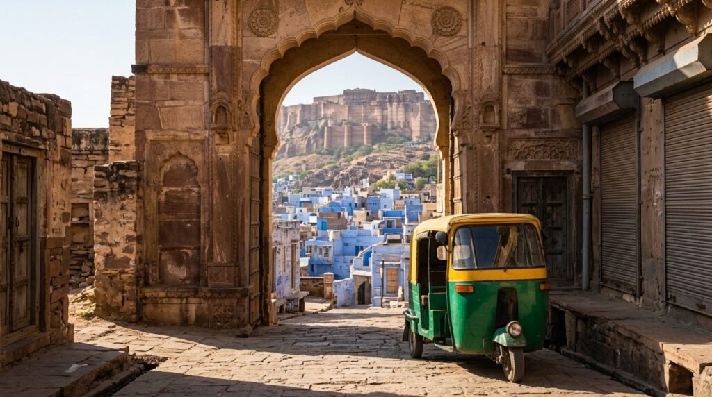 A transport scene: local travel through above a dense blue-washed old city with