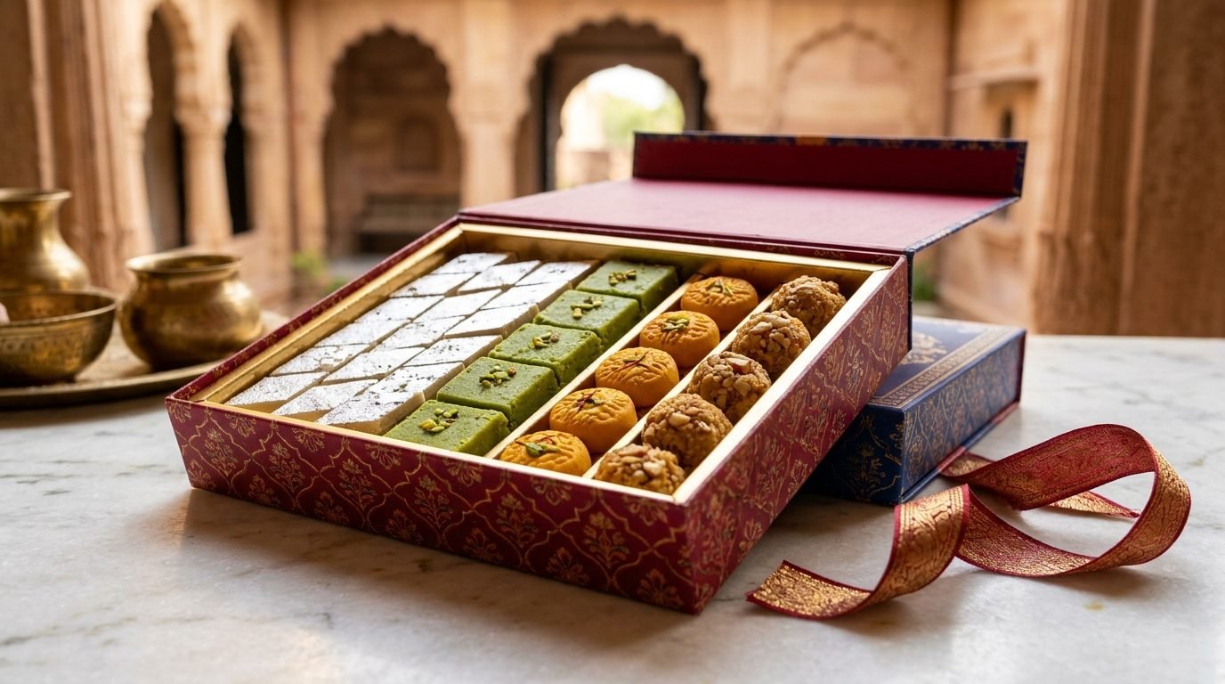 An assembled mithai box: assortment rows, silver leaf, ribbon