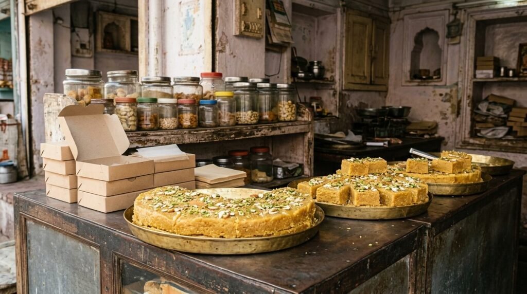 Dense golden sweet slabs being cut and boxed at a counter with glass jars behind