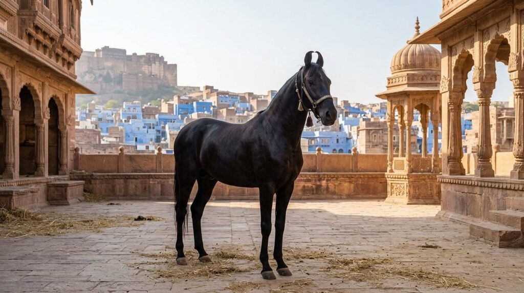 A black Marwari horse with distinctive inward-curving ears standing alert in a s