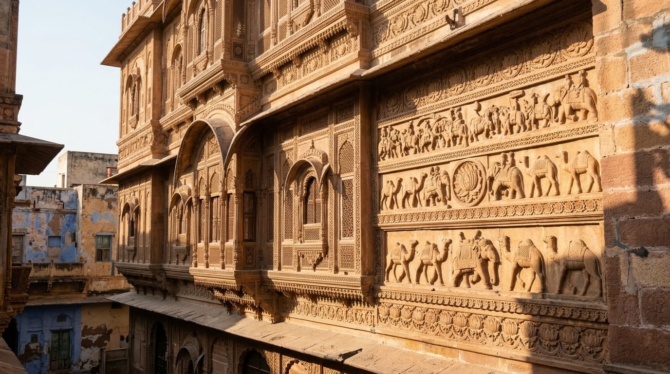 A merchant haveli’s facade with carved trade motifs