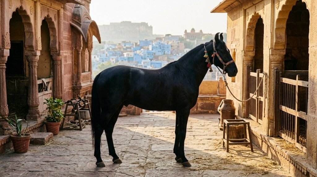 A black Marwari horse with distinctive inward-curving ears standing alert in a s