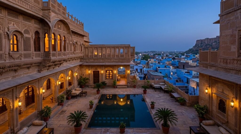 A restored haveli-hotel courtyard with carved balconies, lanterns and a reflecti