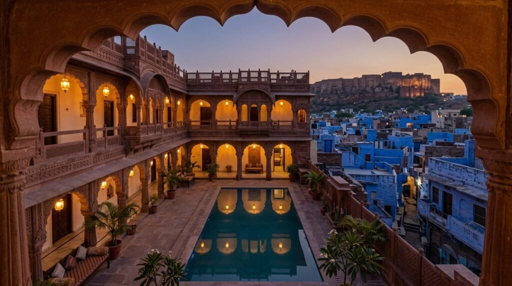 A restored haveli-hotel courtyard with carved balconies, lanterns and a reflecti