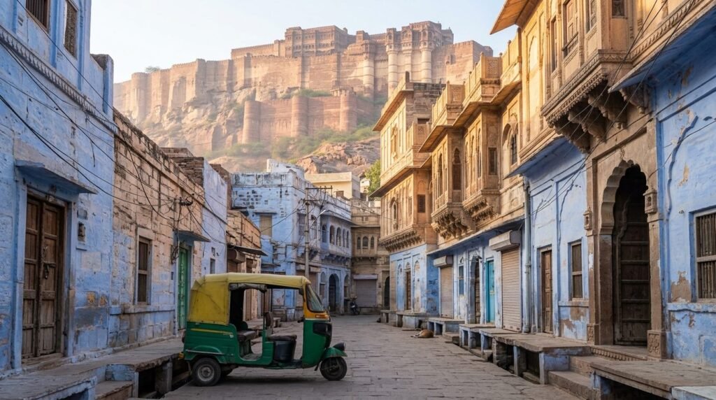 A transport scene: local travel through above a dense blue-washed old city with