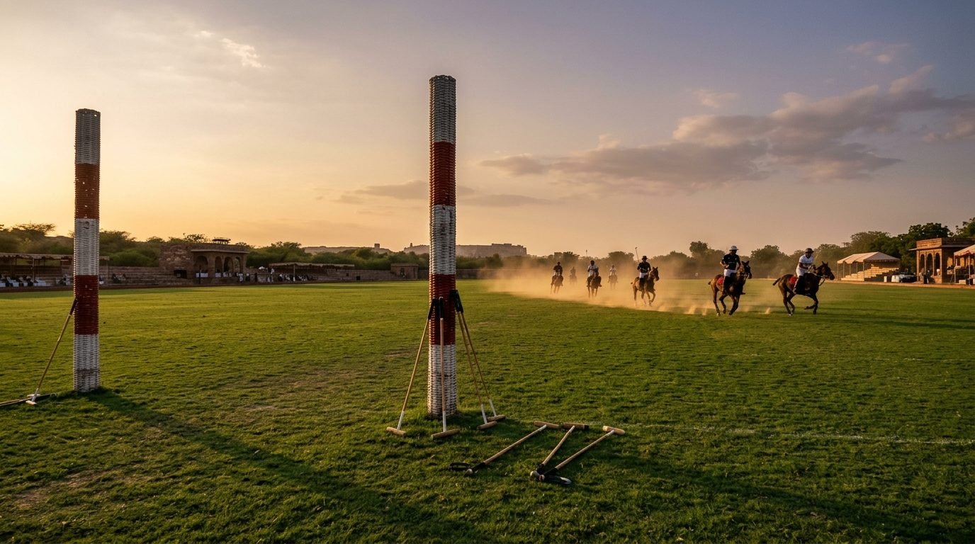 A period polo photograph or the grounds’ goalposts at dusk