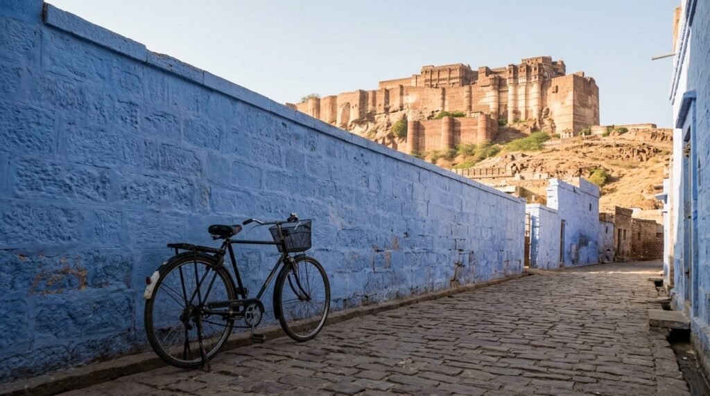 A transport scene: local travel through above a dense blue-washed old city with