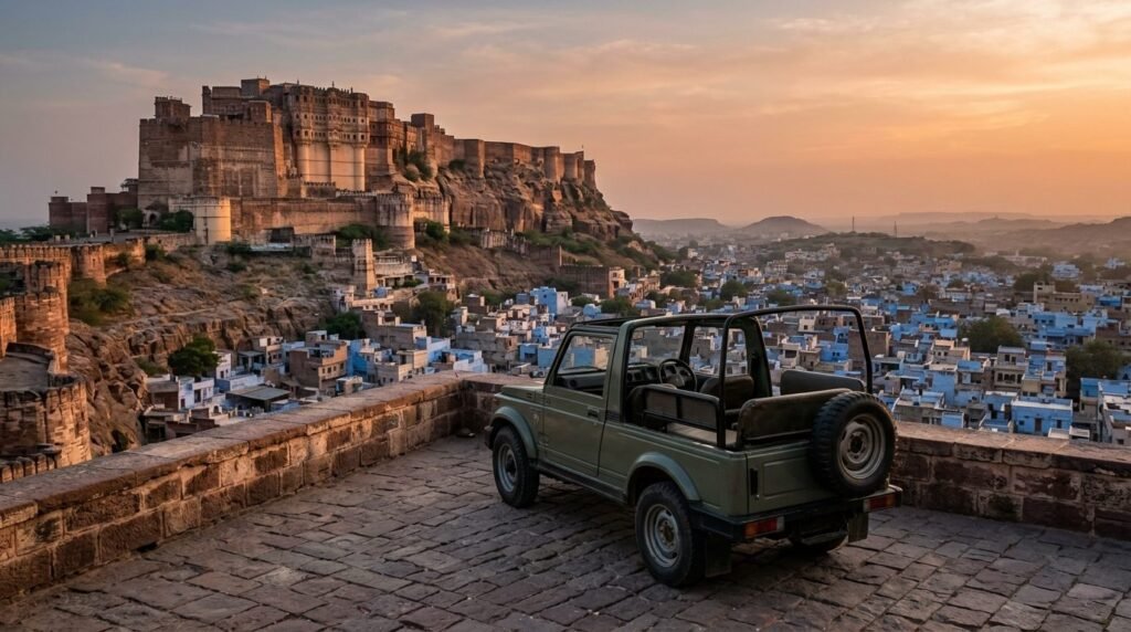 A transport scene: local travel through above a dense blue-washed old city with
