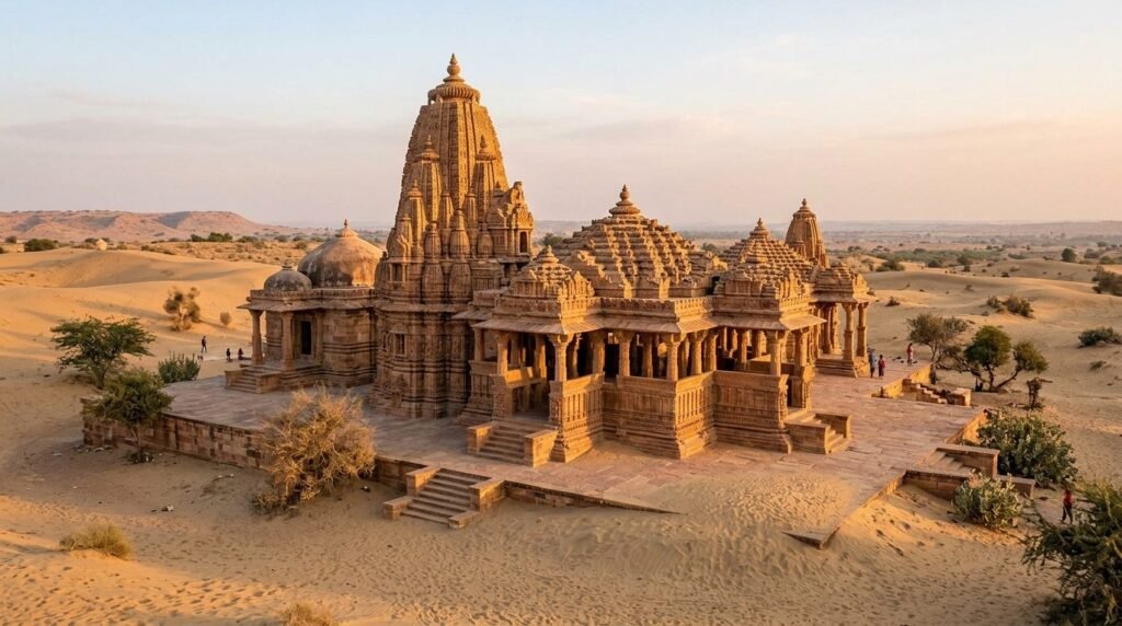 An ancient desert temple with carved shikhara spires rising from sand