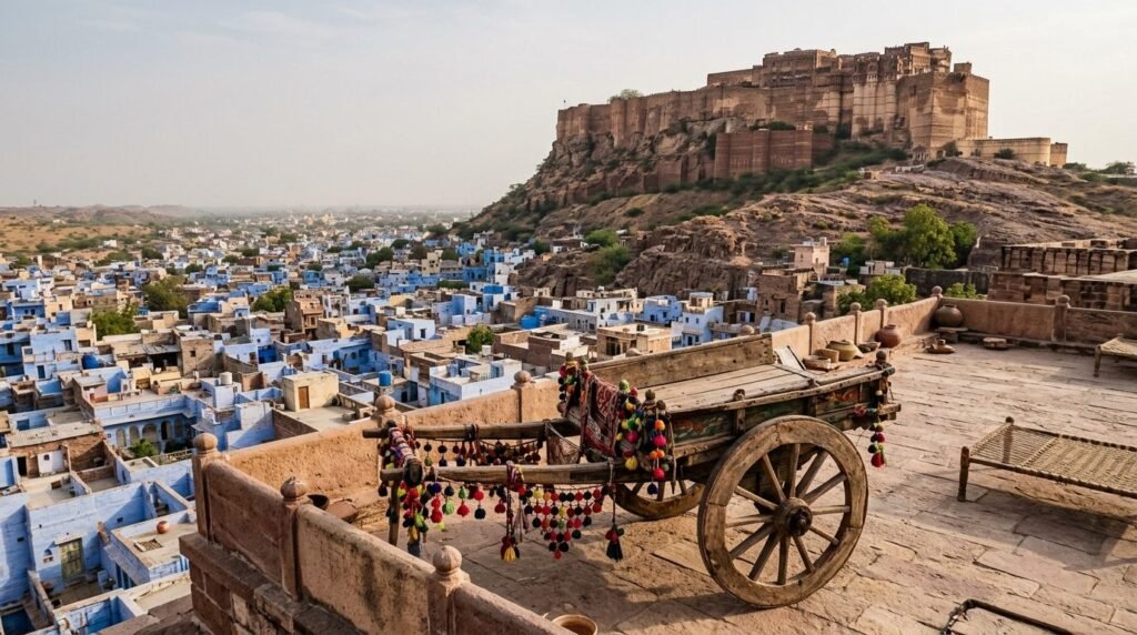 A transport scene: local travel through above a dense blue-washed old city with