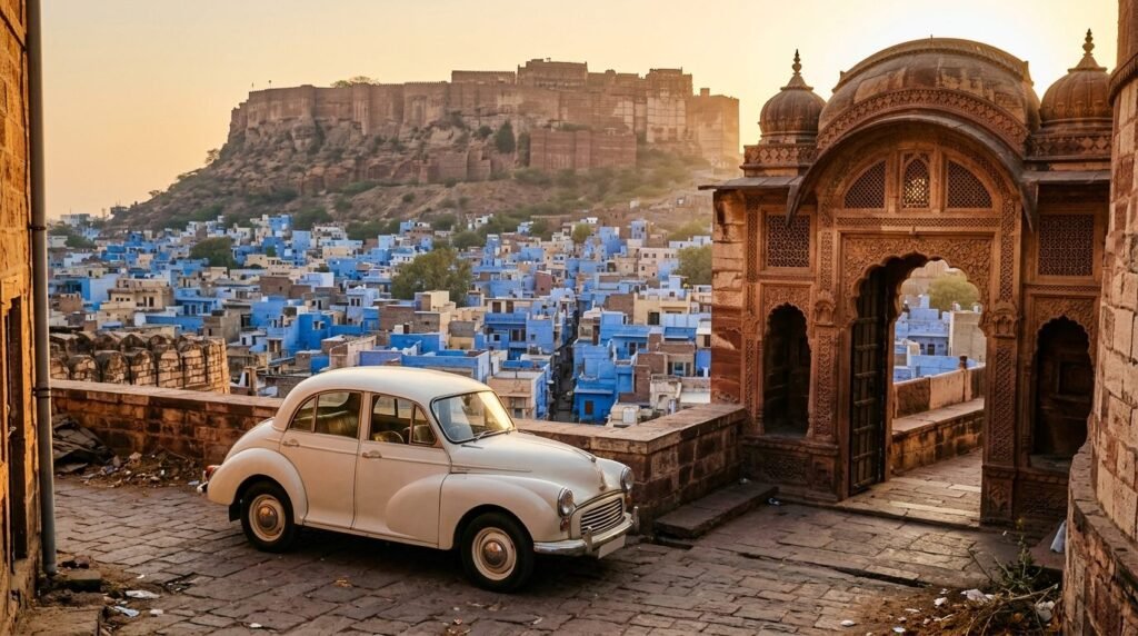 A transport scene: local travel through above a dense blue-washed old city with