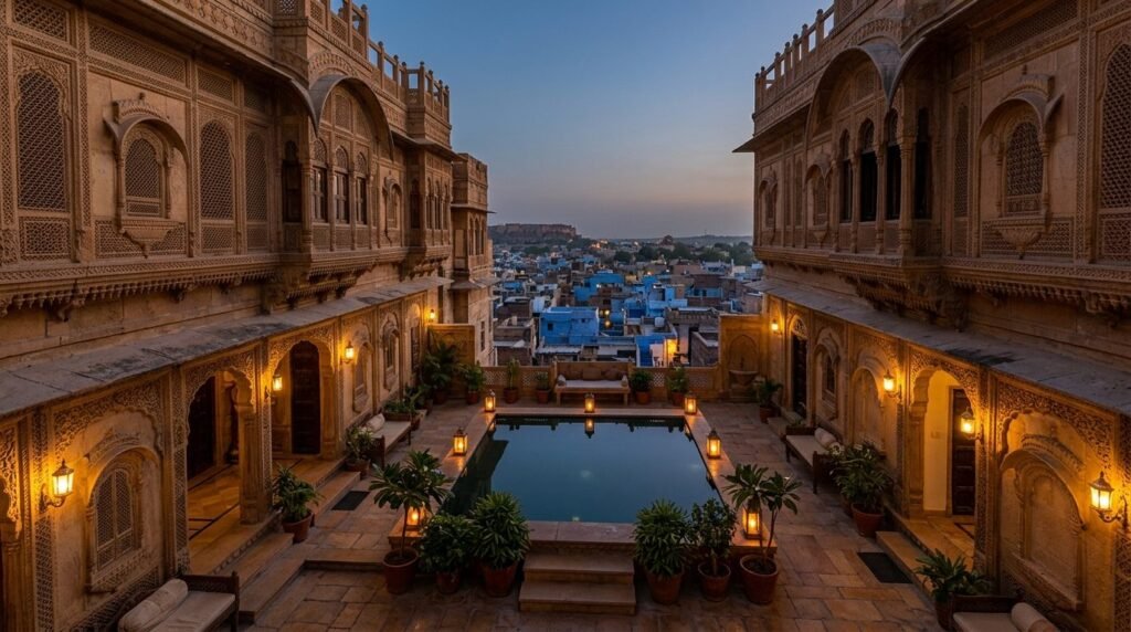 A restored haveli-hotel courtyard with carved balconies, lanterns and a reflecti