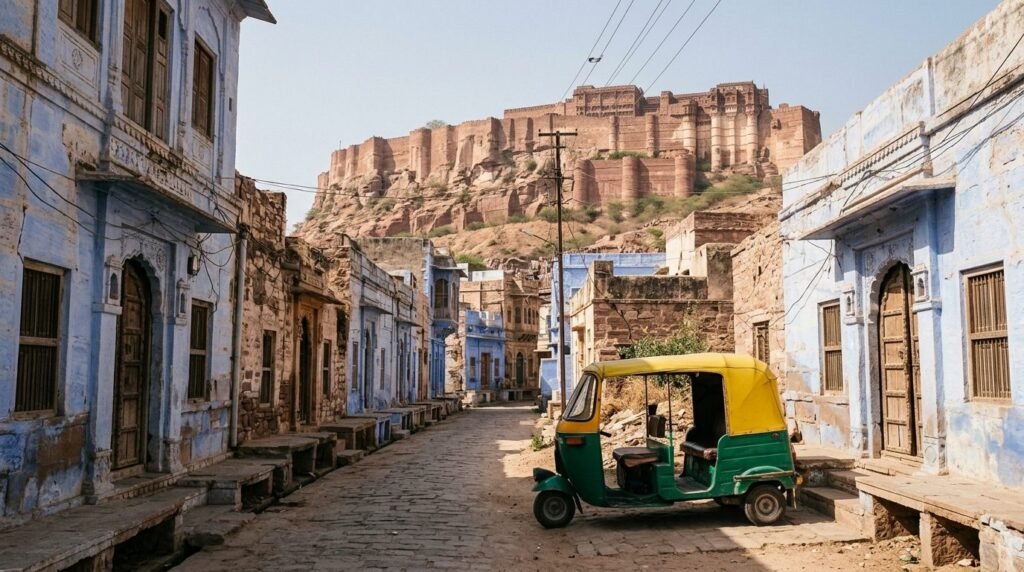 A transport scene: local travel through above a dense blue-washed old city with