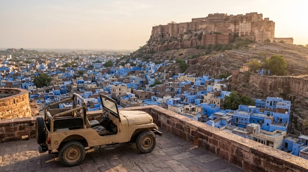 A transport scene: local travel through above a dense blue-washed old city with