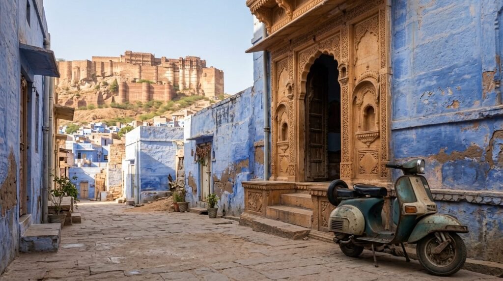 A transport scene: local travel through above a dense blue-washed old city with