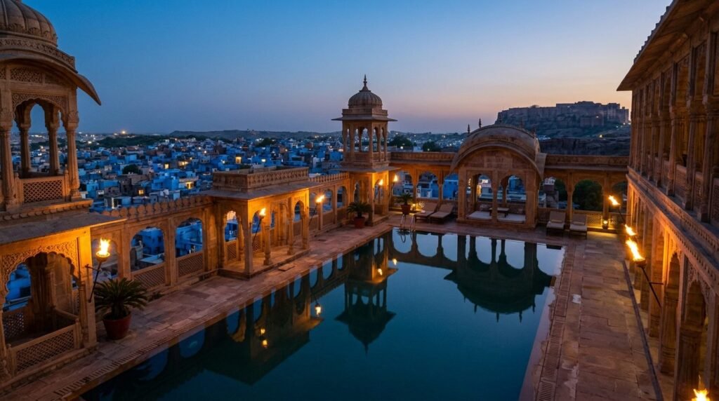 A palace-hotel courtyard pool at dusk with carved colonnades and flaming torches