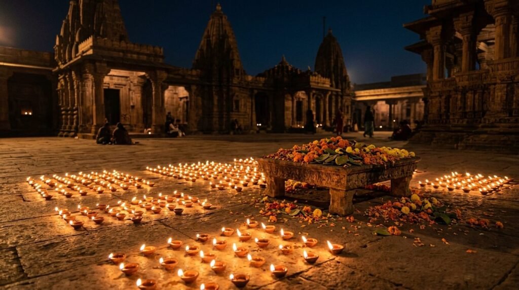 Night temple courtyard with rows of oil lamps