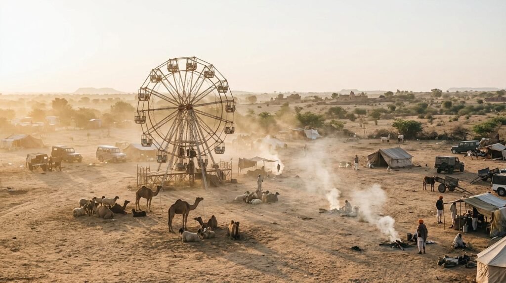 tethered livestock and wood smoke
