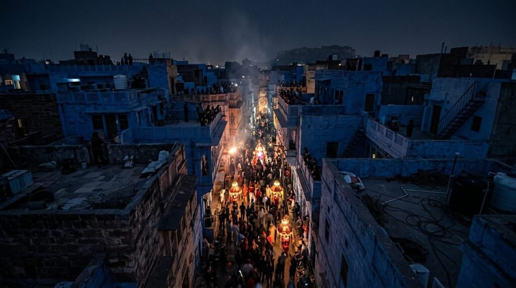 A wedding procession at night seen from a distance as warm blurred lights moving