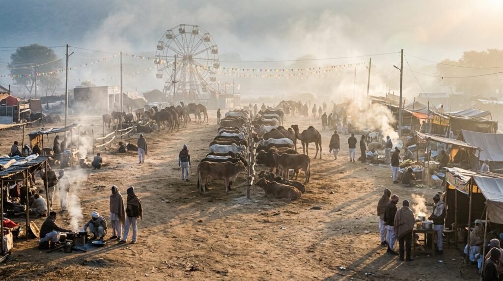 Rural winter fairground with ferris wheel and cattle at dawn