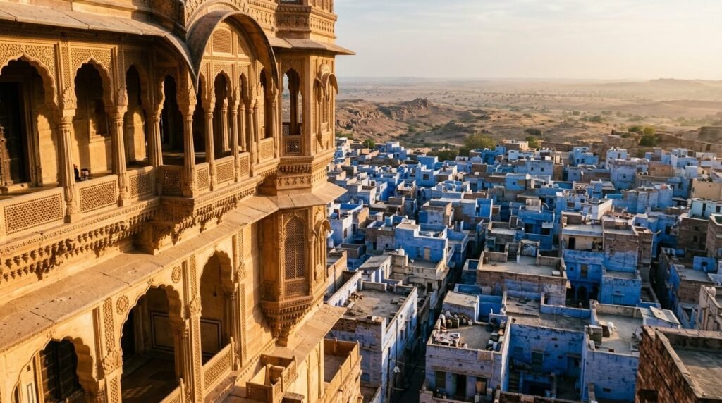 A striking heritage scene of warm sandstone architecture above a dense blue-wash