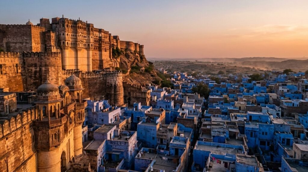 A striking heritage scene of warm sandstone architecture above a dense blue-wash