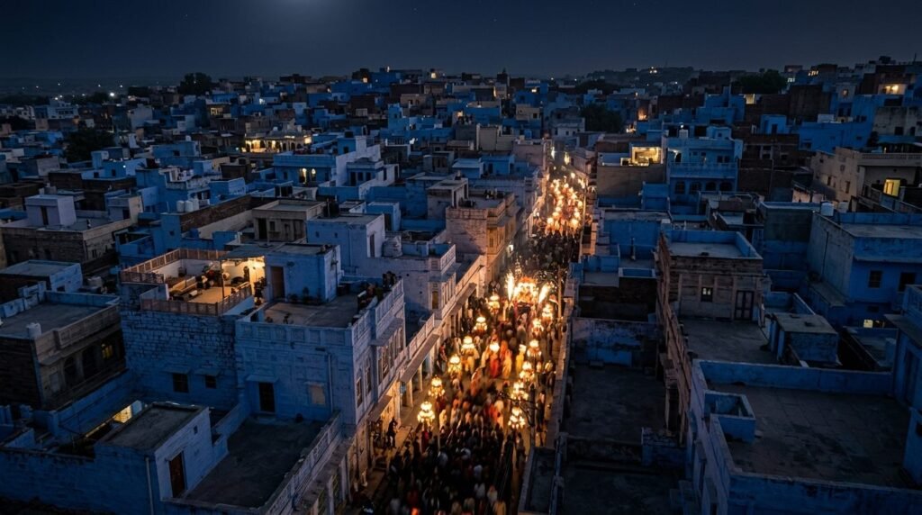 A wedding procession at night seen from a distance as warm blurred lights moving