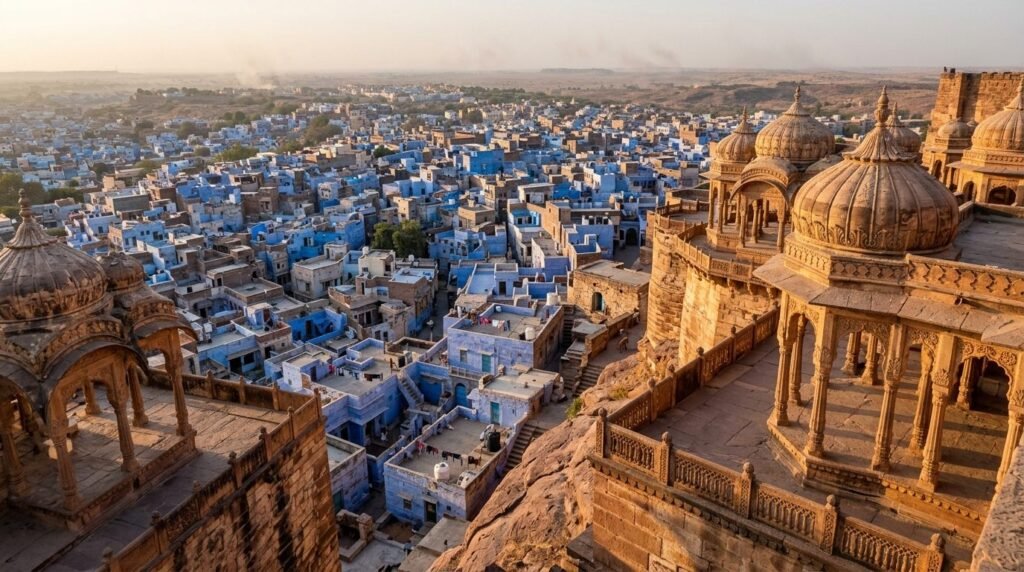A striking heritage scene of warm sandstone architecture above a dense blue-wash