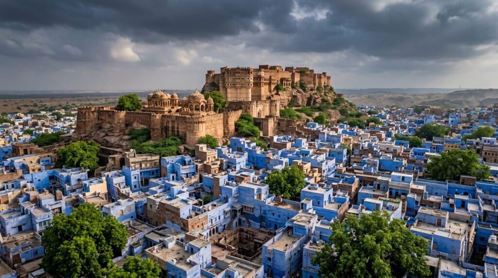 A striking heritage scene of warm sandstone architecture above a dense blue-wash