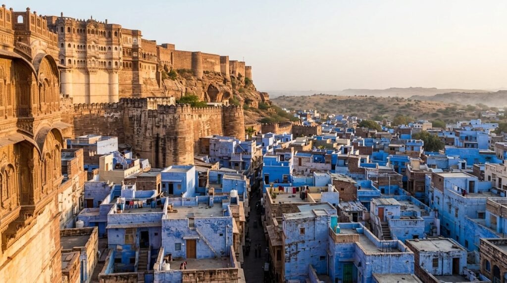 A striking heritage scene of warm sandstone architecture above a dense blue-wash