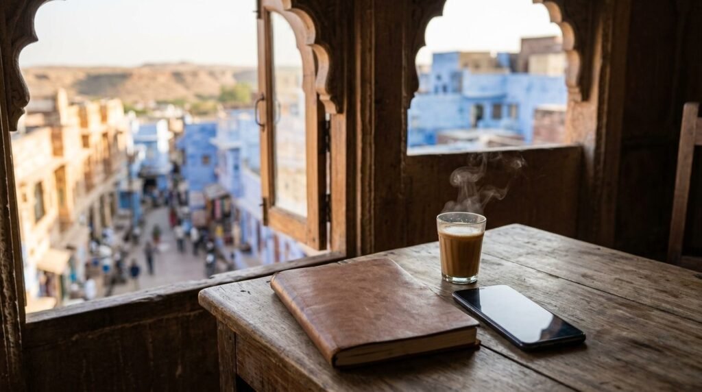 A practical travel scene: a notebook, phone and chai on a guesthouse desk with a