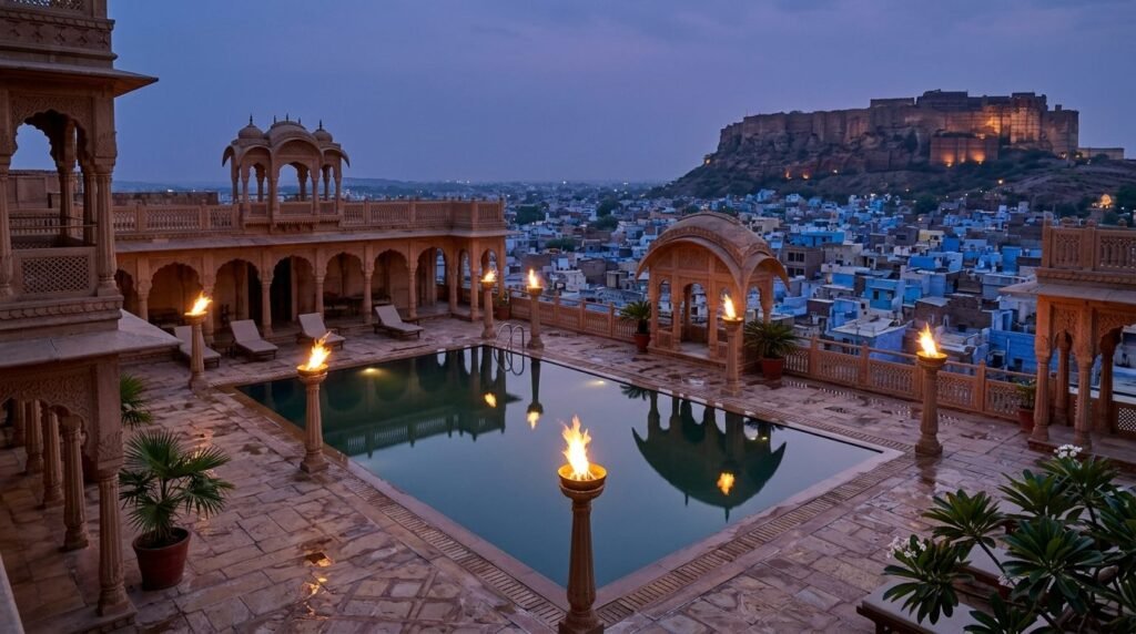 A palace-hotel courtyard pool at dusk with carved colonnades and flaming torches