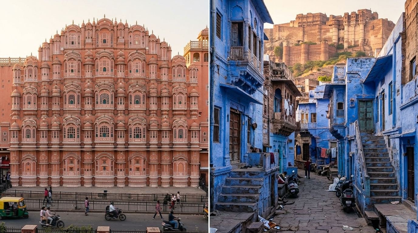 Split frame: Hawa Mahal facade left, Jodhpur’s blue lanes and fort right